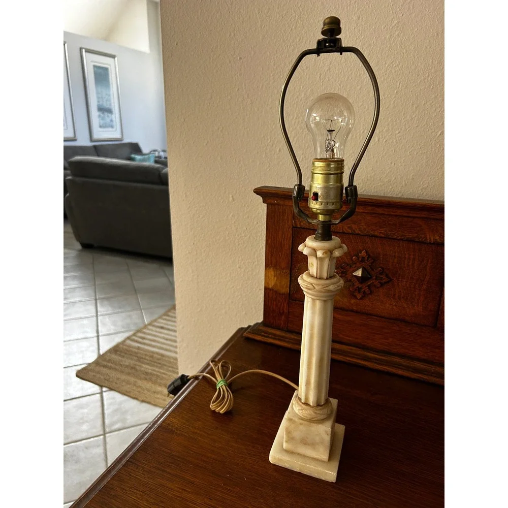 Vintage Alabaster Column Table Lamp Neoclassical Carved Stone Cream White 14in - Picture 5 of 5